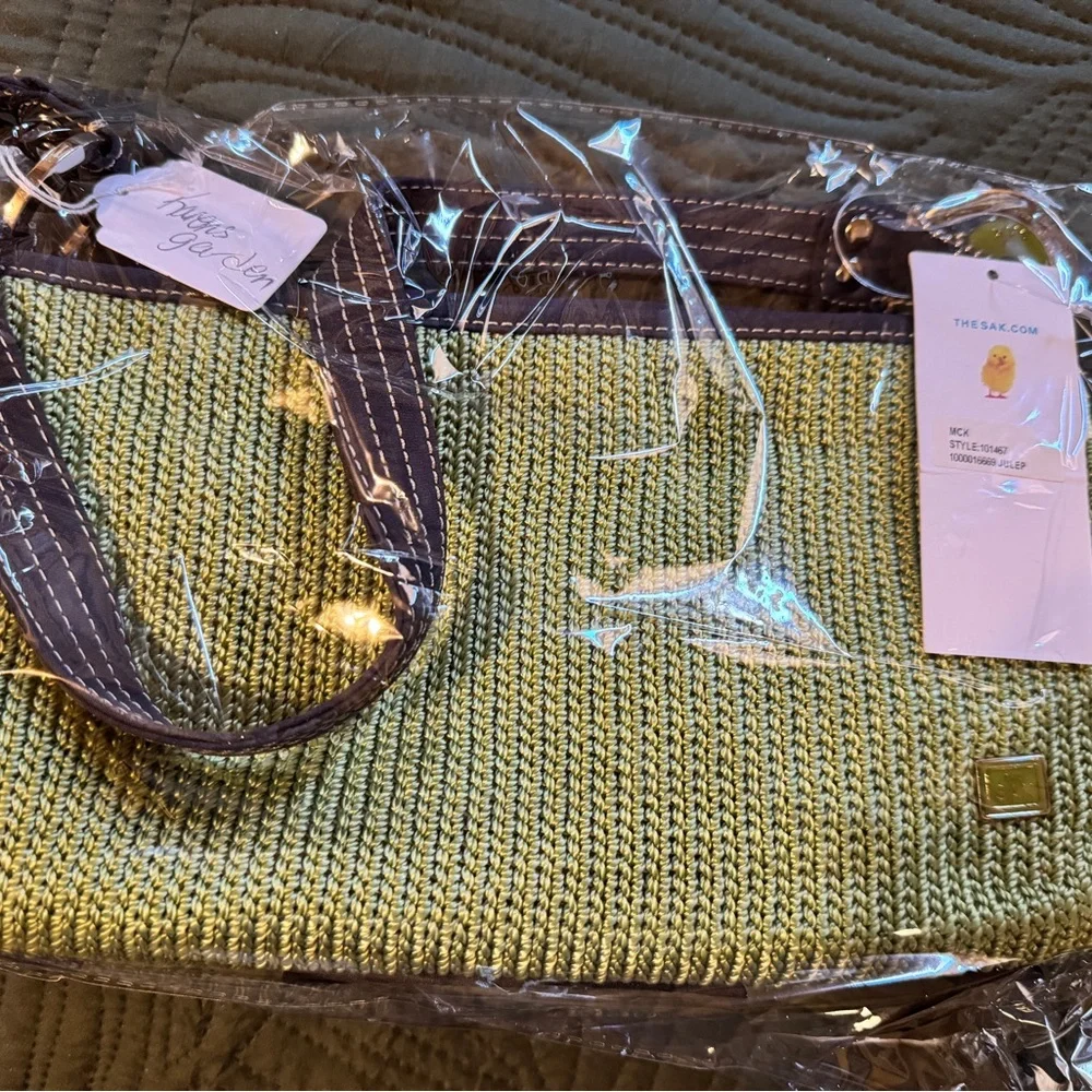 The Sak Olive Green Knit Tote with Brown Trim - Picture 1 of 4